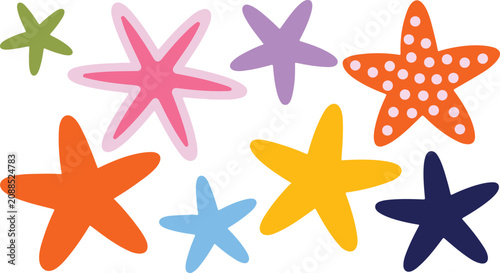 Colorful collection of starfish illustrations in bright summer tones representing marine life and ocean theme for decorative vector design
