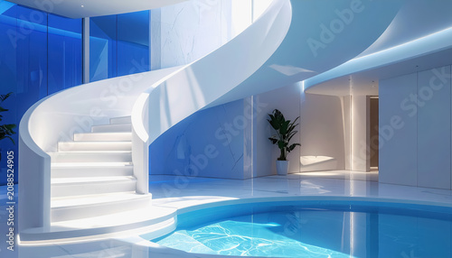 Modern White Spiral Staircase Overlooking a Blue Pool in a Futuristic Interior