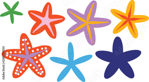 Colorful collection of starfish illustrations in bright summer tones representing marine life and ocean theme for decorative vector design