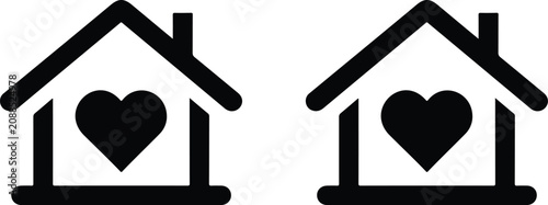 Black house icons with heart symbols representing love, care, and family concept for home, real estate, and charity design