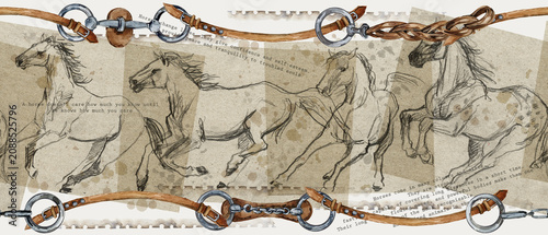 Vintage equestrian seamless border with horses and leather straps