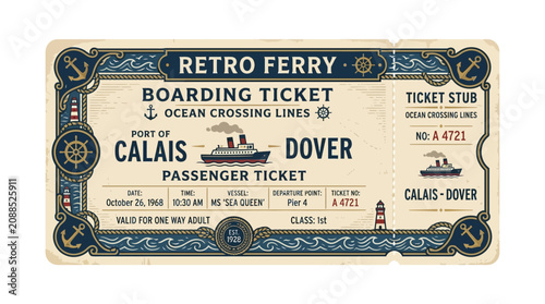 Retro Ferry Boarding Ticket: Calais to Dover, Ocean Crossing Lines