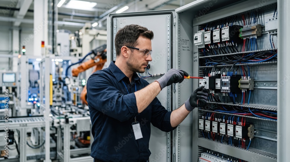 Fototapeta premium Skilled Technician Working on Electrical Control Panel in Modern Industrial Facility