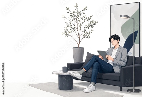 Man Relaxing with Tablet in Modern Living Room