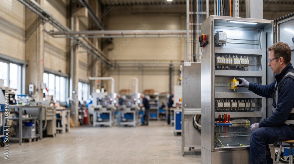 Fototapeta premium Skilled Technician Working in Modern Industrial Facility on Electrical Control Panel Repair