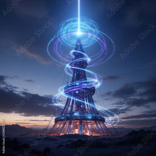 Futuristic tower illuminated with electric light amidst a dark sky