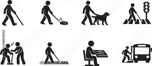Blind accessibility icon set with flat vector symbols for guide dog, Braille, white cane, and mobility.