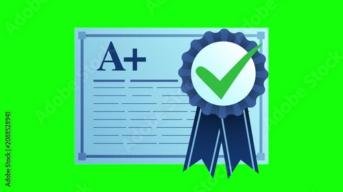 Certificate approval animation, A Plus diploma motion graphic, verified badge, education achievement, certification award on green screen