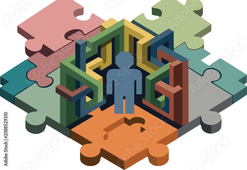 Cuadro en lienzo A complex jigsaw puzzle depicts a central figure surrounded by fragmented pieces representing social alienation, self-doubt, and psychological strain