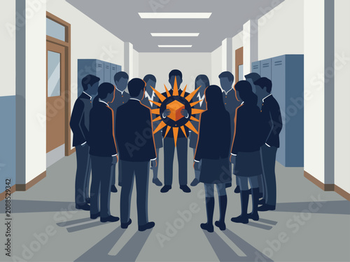 Obraz na plátně A group of students forms a circle, centered around a glowing cube, suggesting social dynamics and rebellion within a school hallway