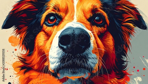 Close-up view of a vibrant, colorful dog, showcasing its face with striking hues and a playful gaze