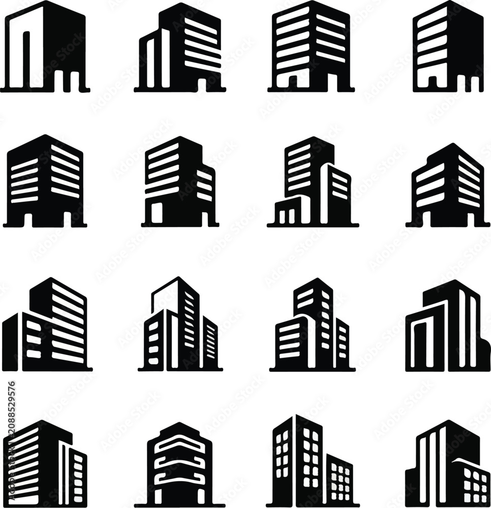 Obraz premium Set of black and white building icons for business and architecture design.