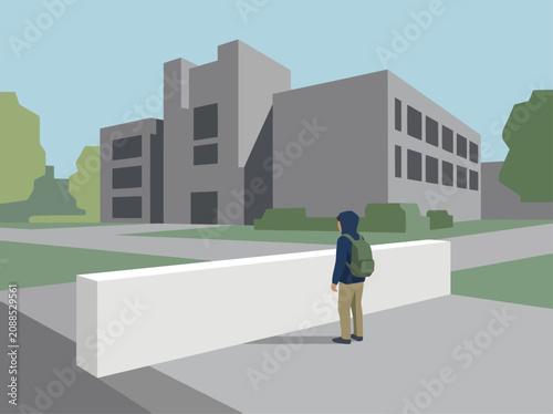 Cuadro en lienzo A young person stands distanced from a school building, symbolizing youth alienation and potential risk