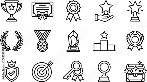Business success victory awards premium quality certificate and strategic target achievement linear icons set