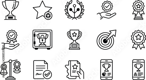 Business success corporate awards premium quality guarantee and strategic target achievement line icons set