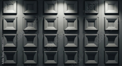 Geometric wall panel pattern with shadow play and dim lighting effects