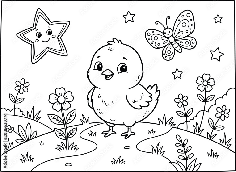 Fototapeta premium Cute cartoon chick with butterfly in floral meadow scene