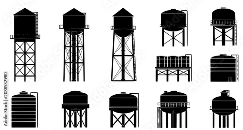 Industrial Water Tower Silhouette Icons Collection
