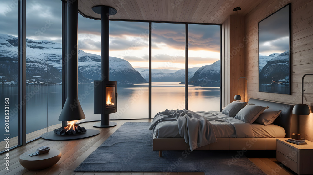 Fototapeta premium Modern Nordic bedroom with fireplace and panoramic fjord view