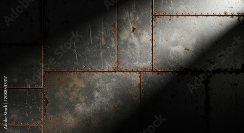 Industrial metal wall with rivets and rust illuminated by a strong light beam