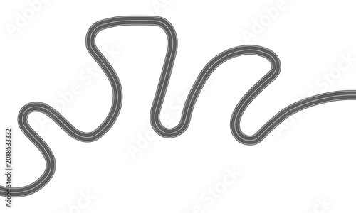 A winding asphalt road track isolated on a white background, top-down view of a curvy racetrack design element.