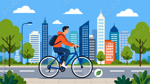 Bild auf Leinwand Young cyclist rides past urban skyline