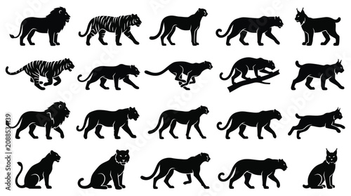 Photography Big cat icon set featuring lions, tigers, panthers, lynxes, and leopards for wil