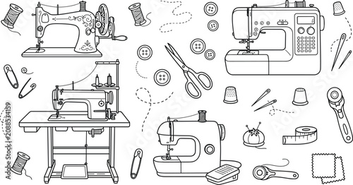 Tableau sur toile Vintage and Modern Sewing Machine Icon Set with Tailor Tools and Buttons