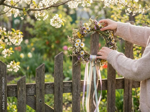 person hanging beautiful handmade floral wreath with pastel ribbons on rustic wooden fence in blooming spring garden. countryside lifestyle, outdoor decoration. greeting card, poster with copyspace.