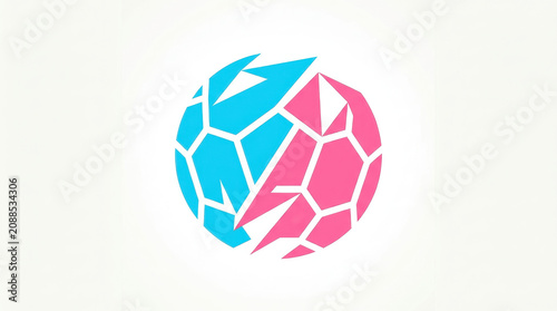 Abstract Pink and Blue Split Soccer Ball Jagged Geometric Tech Vector Emblem