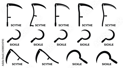 Photos Scythe sickle icon set featuring traditional harvesting tools, curved blades, an