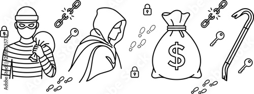 Canvas Print Thief and Burglar Crime Icon Set with Money Bag Crowbar and Locks