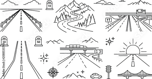 Photography Highway Road and Mountain Landscape Icon Set with Overpass Bridge and Horizon