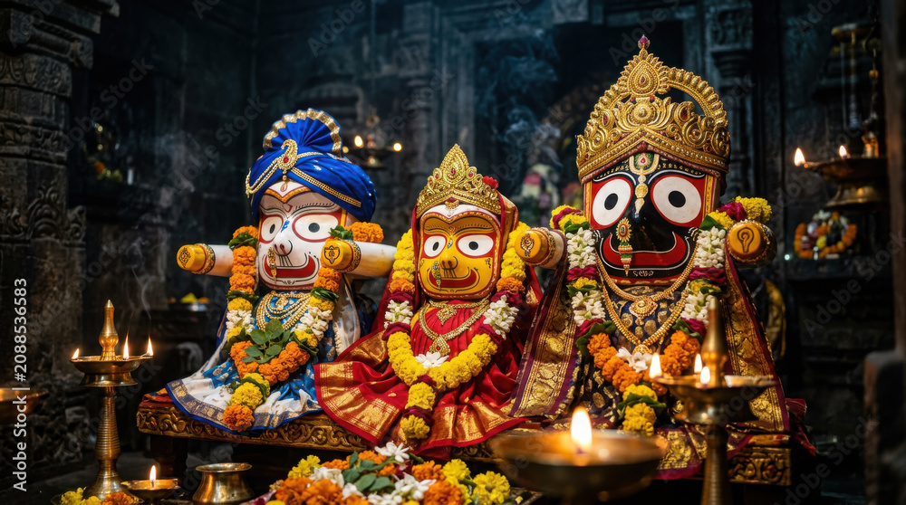 Obraz premium Ornate idols of jagannath, balabhadra, and subhadra decorated with flowers and generated using ai