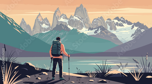 Hiker with backpack and poles on mountain trail overlooks lake and peaks