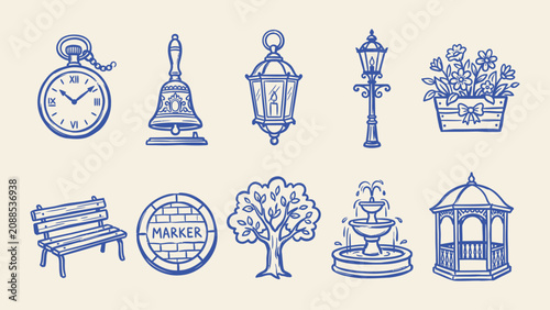 Vintage park and garden vector icons set with pocket watch bell lantern lamppost bench tree fountain and gazebo in hand drawn sketch style