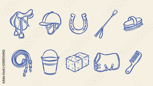 Fotografie Equestrian equipment and horse care icons vector set featuring saddle helmet hor