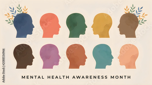 Collection of ten colorful watercolor human head silhouettes aligned in rows to represent diversity and inclusivity during mental health awareness month event observation theme.