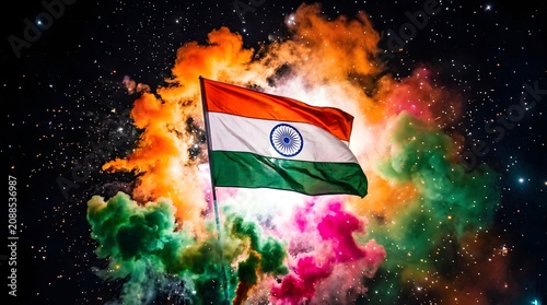 India independent day celebration with flag and colorful smoke