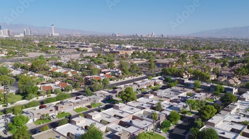 Las Vegas Neighborhood Aerial with Stratosphere and Downtown Skyline