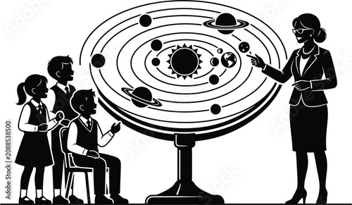 Silhouette of teacher and students learning astronomy with solar system model on white background in classroom setting