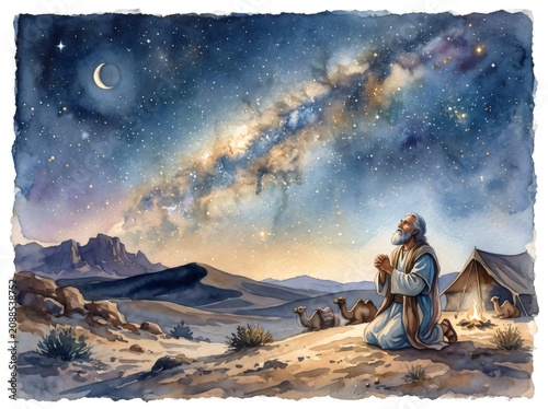 Abraham kneeling under a star-filled desert sky praying