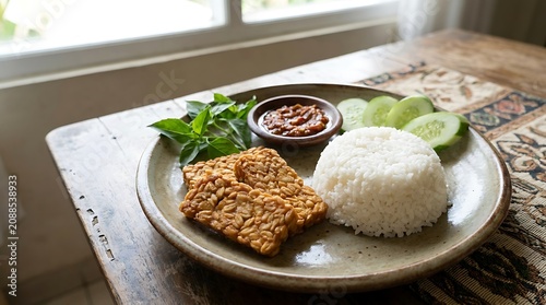Plate of indonesian tempeh with steamed white rice and fresh vegetables. Basic Indonesian Dish