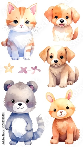 Cute Cartoon Animal Characters Arranged on White Background