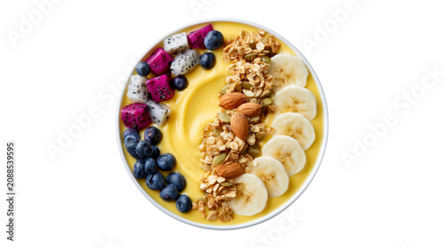 Smoothie bowl with fresh exotic tropical fruits and crunchy granola served in a bowl on transparent background
