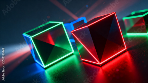 Abstract digital background featuring geometric boxes illuminated with glowing RGB neon light, creating a futuristic technological atmosphere with vibrant colors, modern depth, clean shapes, and an in