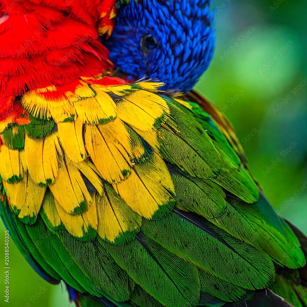 Obraz premium Vibrant Rainbow Lorikeet Resting with Layered Feathers in Tropical Green Background