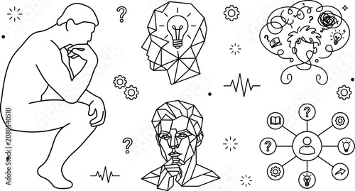 Photos Philosophy and mental health line art icons with thinking man statue geometric p