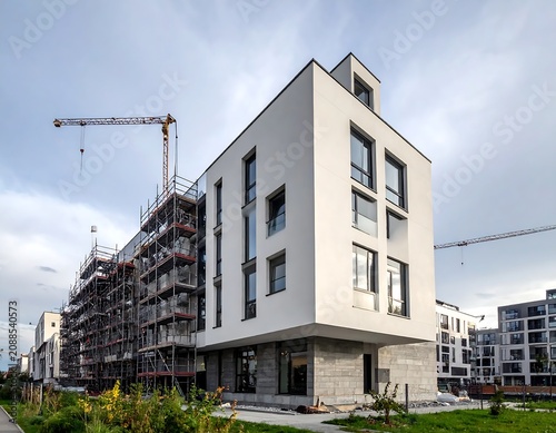 Modern White Apartment Building Under Construction in Urban Residential District