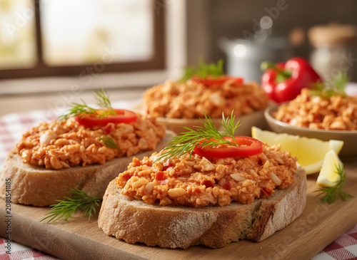 Slices of rustic bread topped with a savory mix of diced chicken, bell peppers, herbs, and red onion rings arranged on a wooden board. Lemon wedges and fresh dill garnishes accompany the open-faced sa